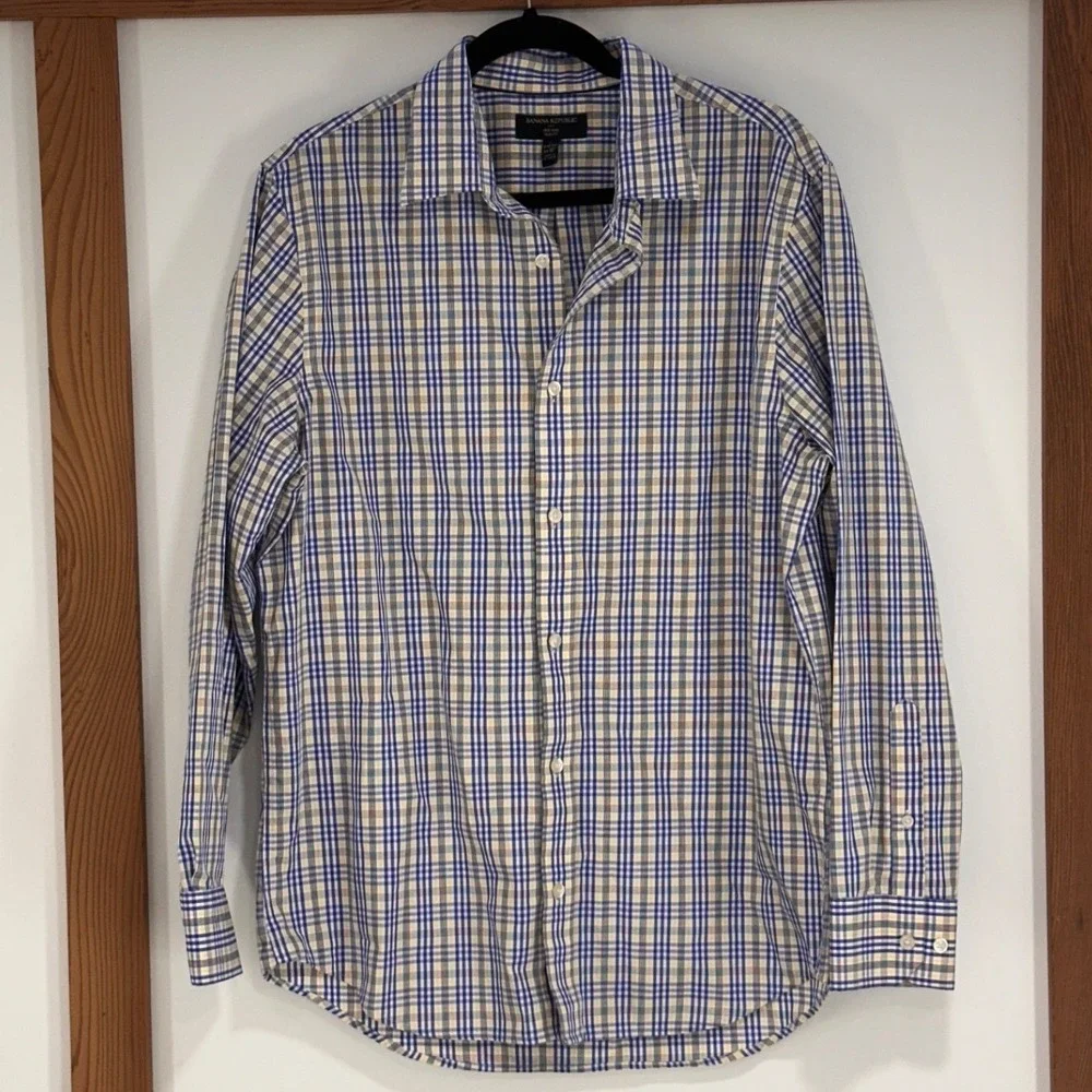 Banana Republic Non Iron Slim Fit‎ Shirt Mens L 16-16.5 34-35 Blue Yellow Plaid